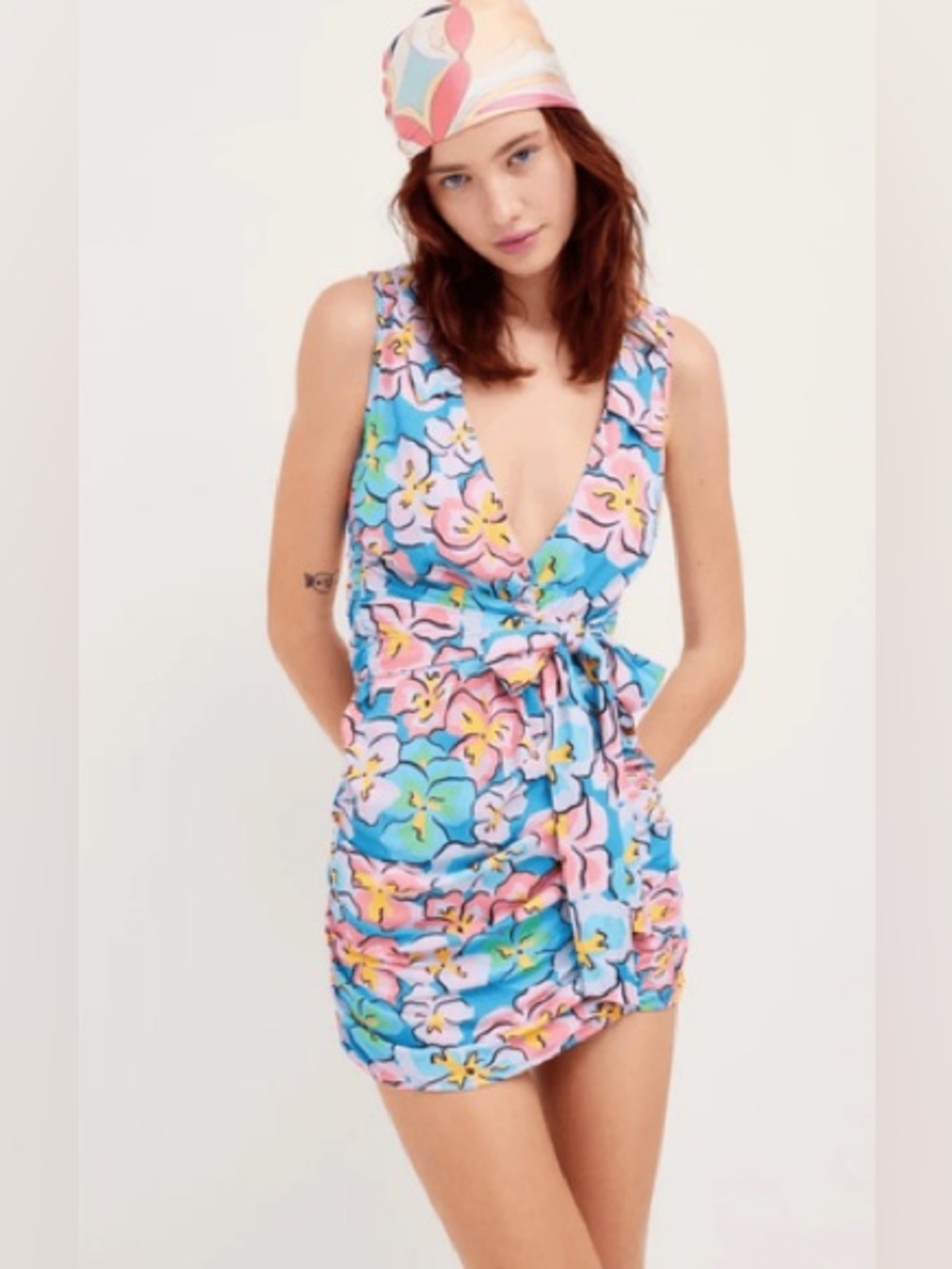 Floral Wrap Swim Cover-Up Dress in Blue and Pink
